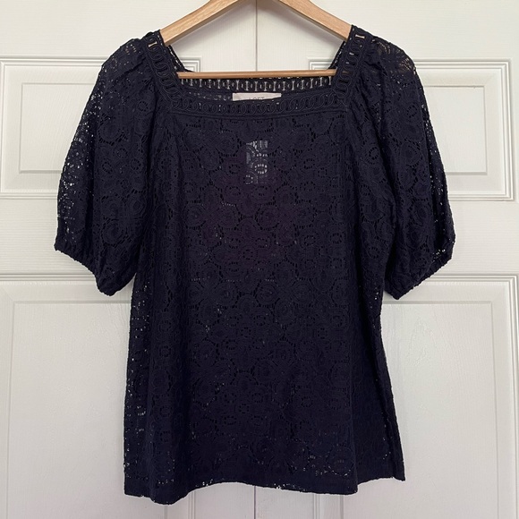 {LOFT} Lace Puff Short Sleeve Top in Navy - Womens XXS - NWT - Picture 1 of 9